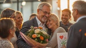 Kollegen verabschieden ein Paar mit herzlichen Ruhestand Wünschen und Blumen