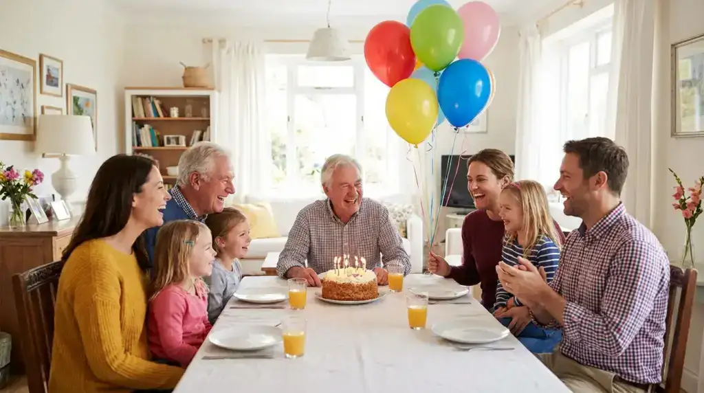 Three generations celebrating grandmother's birthday with cake and balloons showing family love