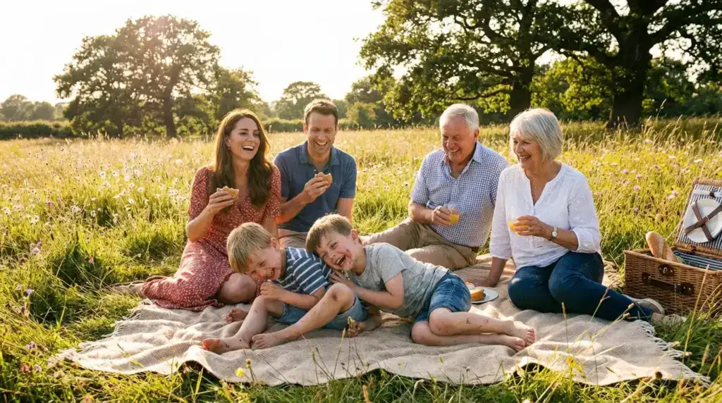 Family picnic outdoors, golden hour, cherished memory