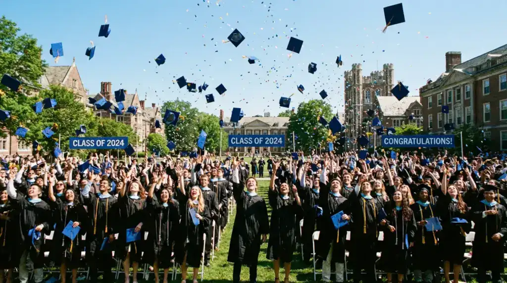 Graduation celebration, cap toss, joyful achievement