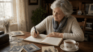 What is a Memoir? A woman sits down and writes in a book.