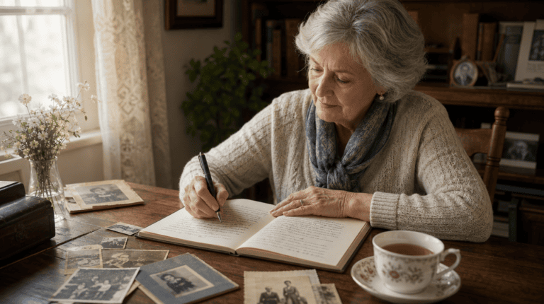 What is a Memoir? A woman sits down and writes in a book.