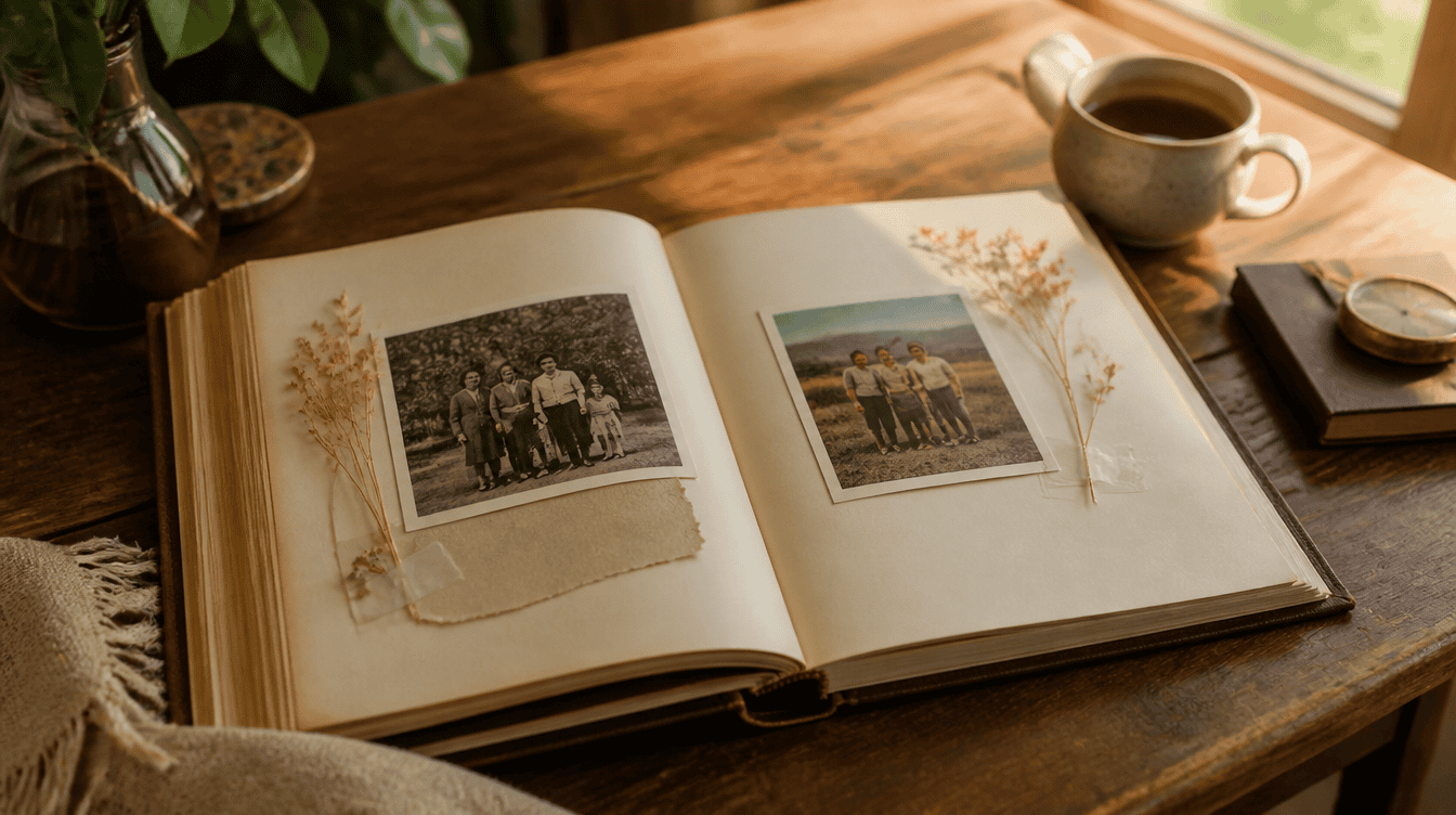 Father and adult daughter sitting together looking through old family photographs at kitchen table