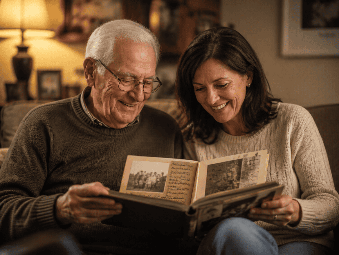 Dad sitting in armchair reading a beautiful Meminto hardcover family memory book with joy