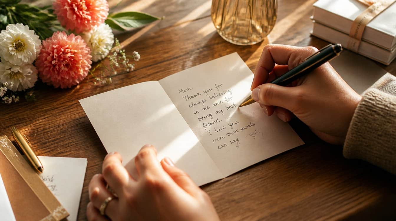 Hands writing a heartfelt Father's Day card message at a wooden table
