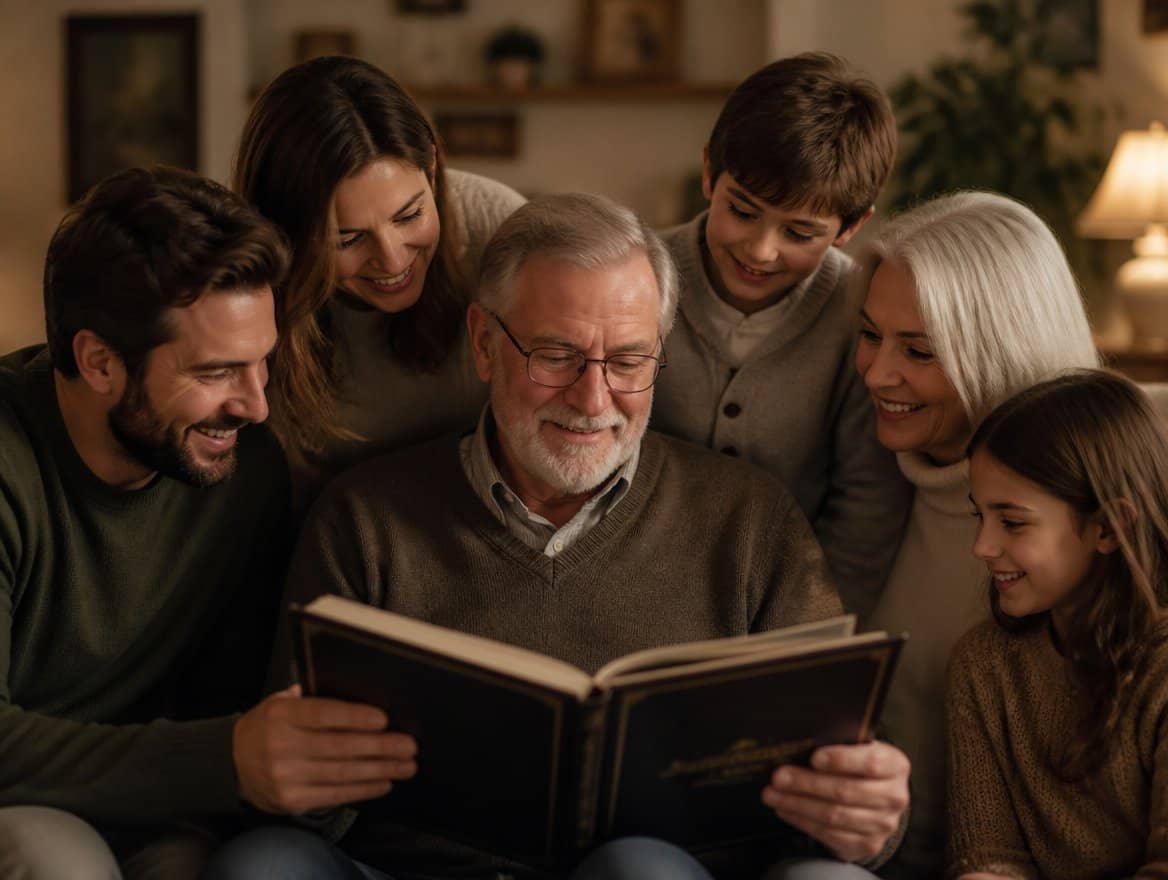 Father holding a Meminto memory book surrounded by his family in a cozy living room