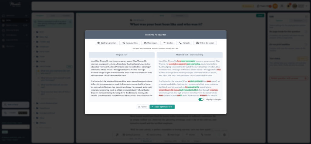 A Meminto interface with a before and after image of an AI text optimization